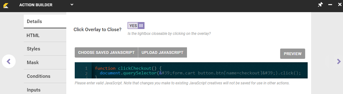 Callout of the JavaScript editor on the Details tab