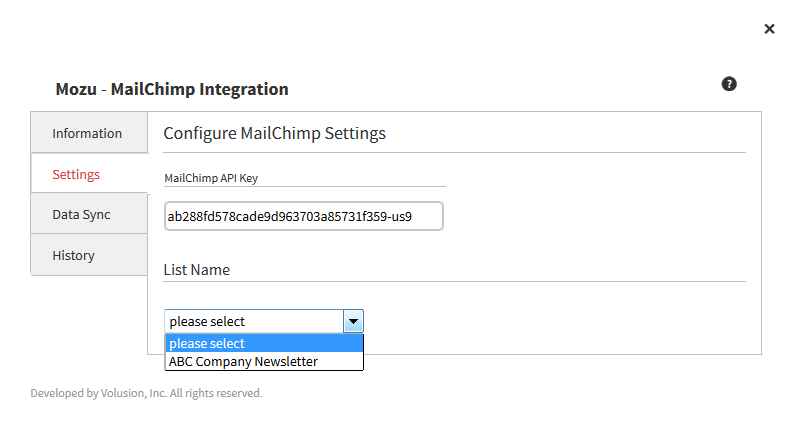 The Settings tab of the MailChimp configuration module