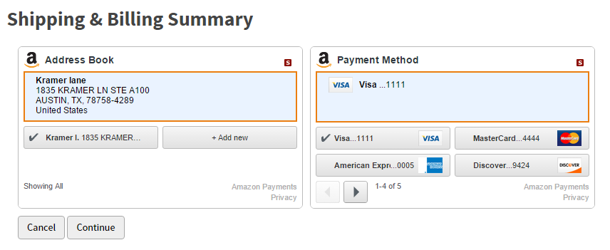Example of an Amazon pay address and payment selection module