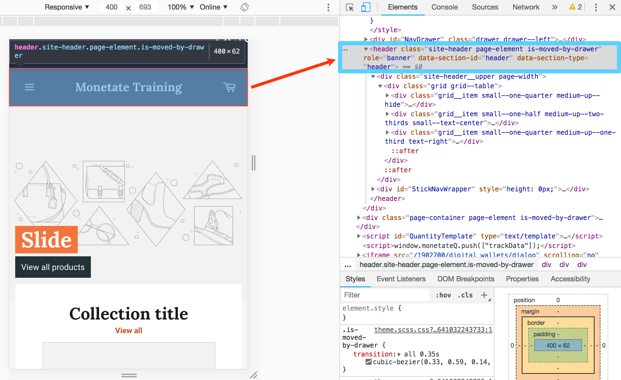 Callout of the header selector in the HTML code for an online retail site's mobile version