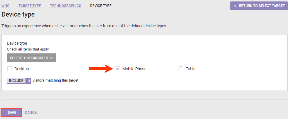 Callout of the Mobile Phone option and the SAVE button