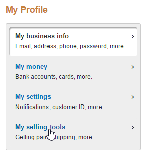 Close-up of the My Profile options in PayPal and a callout of the 