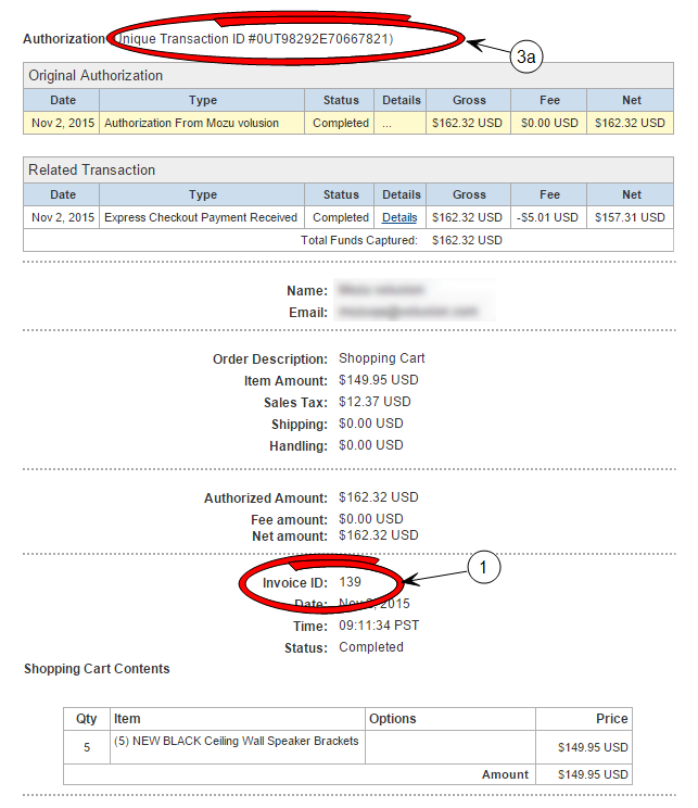 Example of a PayPal order in Admin with callouts for the invoice and transaction IDs
