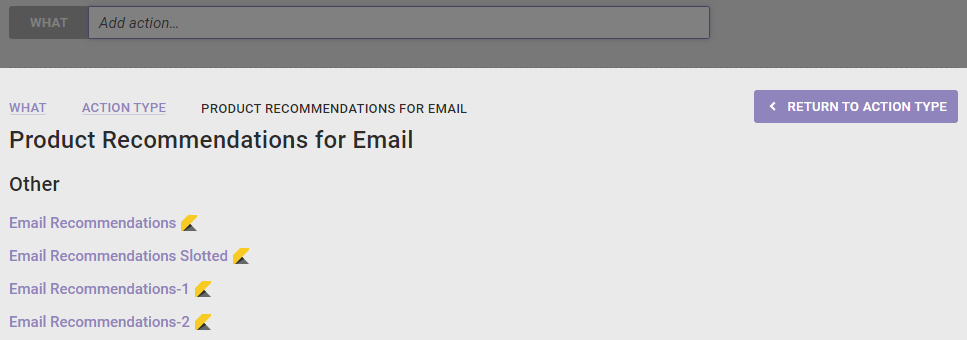 Example of the action templates available on the 'Product Recommendations for Email' panel