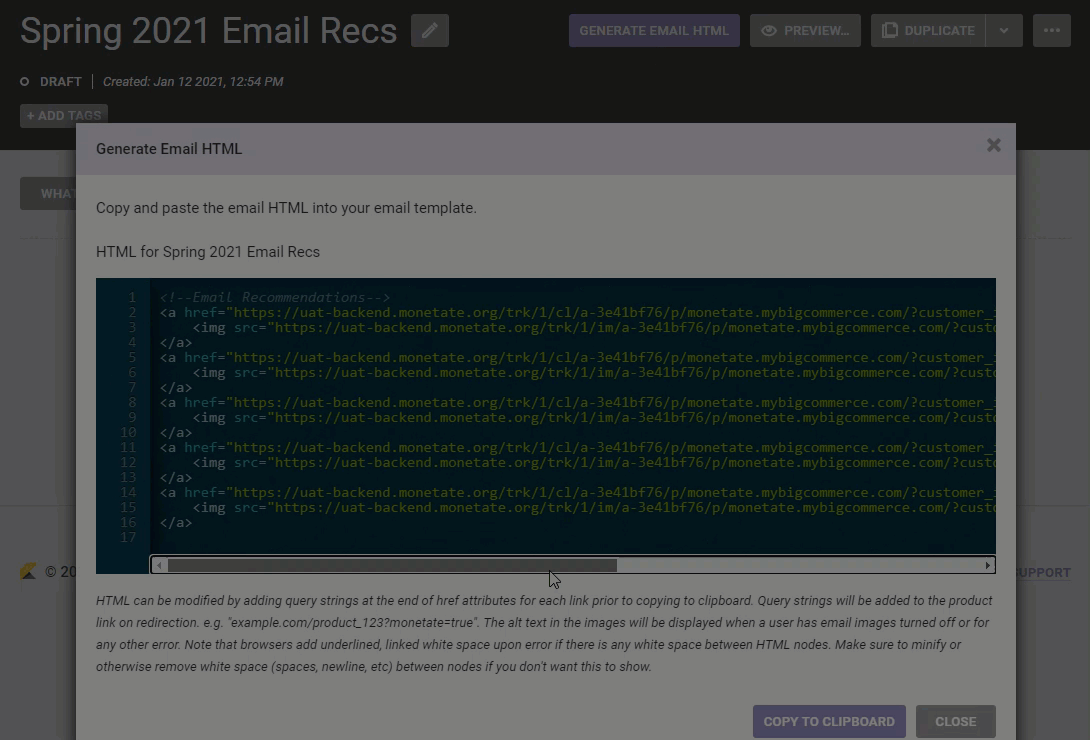 Animated demonstration of a user adding a query string parameter in the email HTML