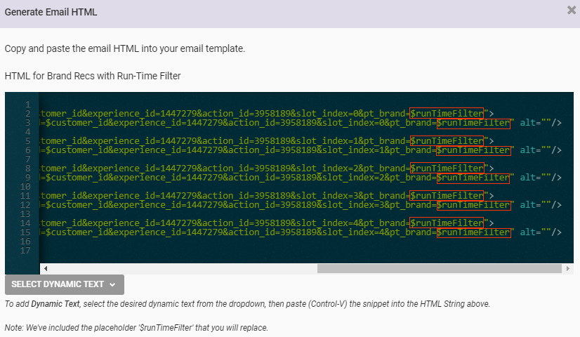Callout of each occurence of the $runTimeFilter placeholder in the email experience HTML code