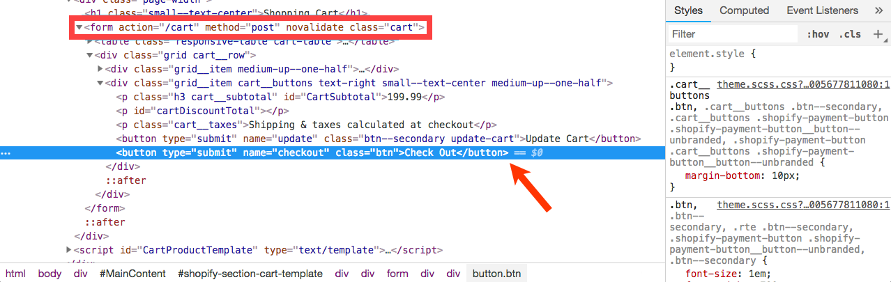 View of button element in Developer tools