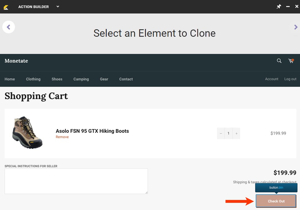 View of the Select an Element to Clone panel in Action Builder, with a callout of the Check Out button to be cloned