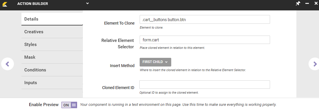 View of the Details tab in Action Builder, with the simplified Element To Clone selector and simplified Relative Element Selector