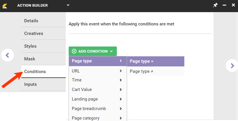 View of the Conditions tab in Action Builder, with the 'Page type' category expanded and the 'Page type equals' option highlighted