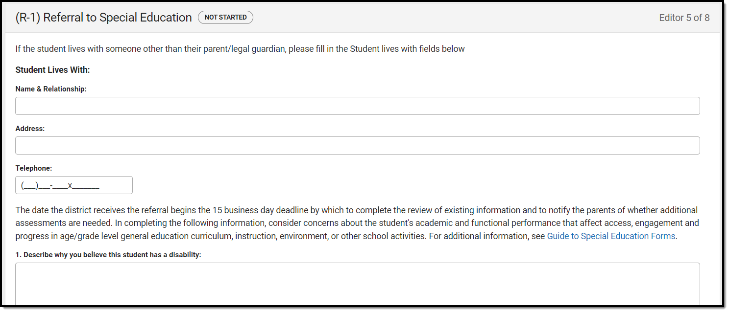 Screenshot of the referral to special education editor.