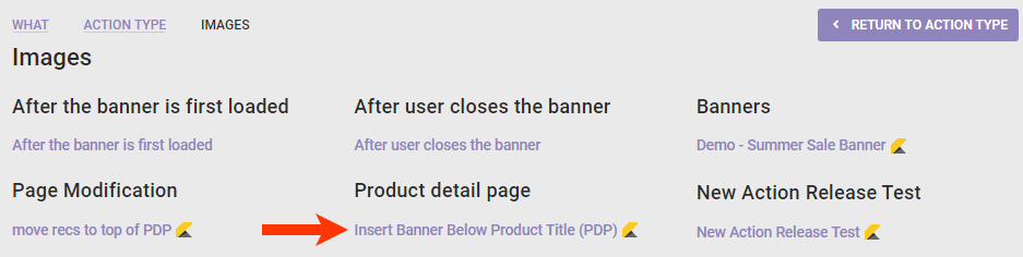 Callout of the Insert Banner Below Product Title (PDP) action on the Images panel