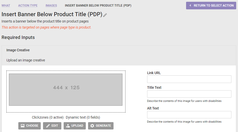 View of the Insert Banner Below Product Title (PDP) action template with the placeholder shown