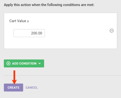 Callout of the Cart Value text field and the CREATE button