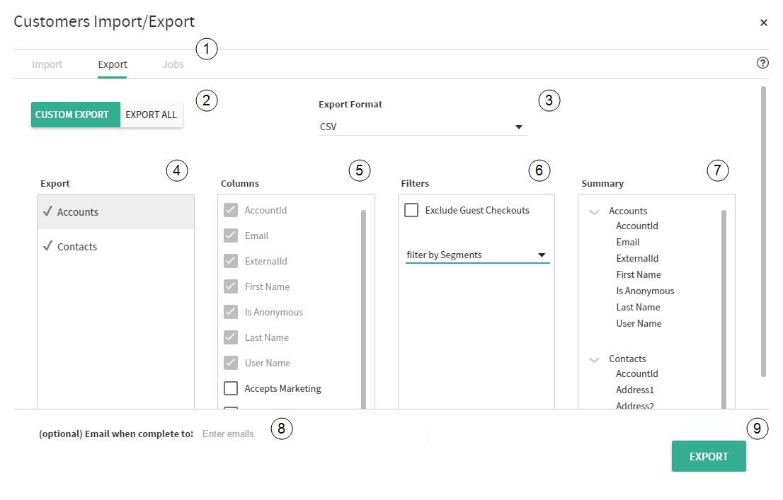 Export configuration options for an example Customers export