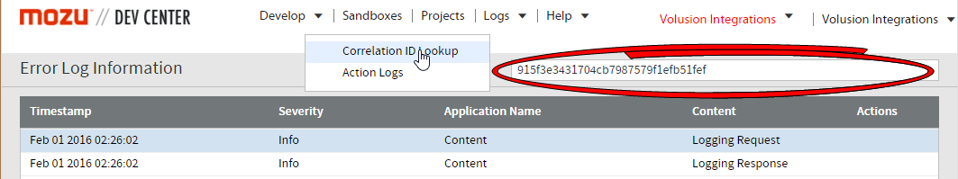 Dev Center header with a callout for the Correlation ID lookup and field to paste it in