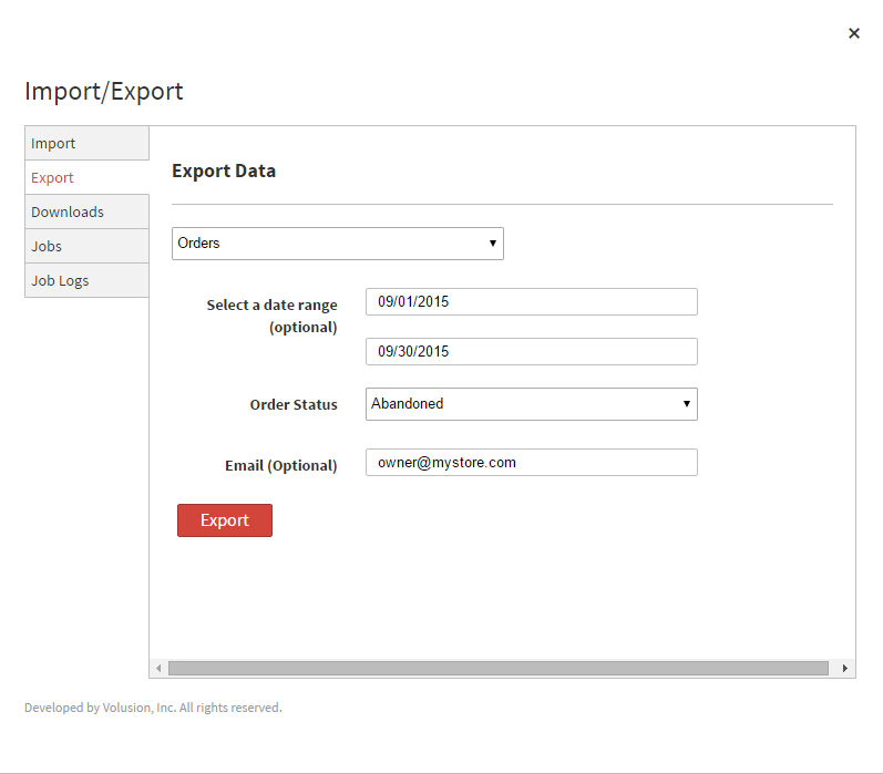Export tab of the Import/Export tool
