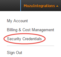 Amazon Web Services navigation menu with a callout for Security Credentials