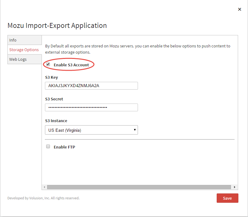 Storage Options configurations in the Import/Export application settings