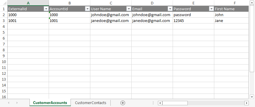 Customers template file content with example data