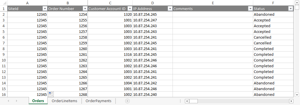 Orders template file content with example data