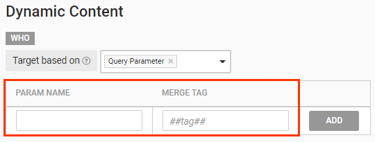 Callout of the text fields for inputting the parameter name and merge token for a query parameter target