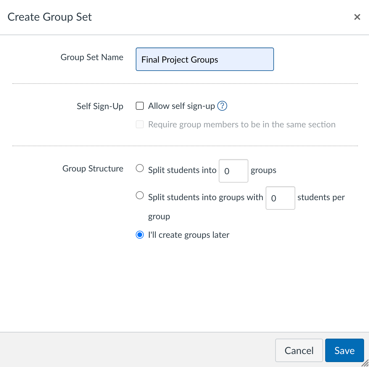 Screenshot of the Create Group Window, allowing self sign up and other features