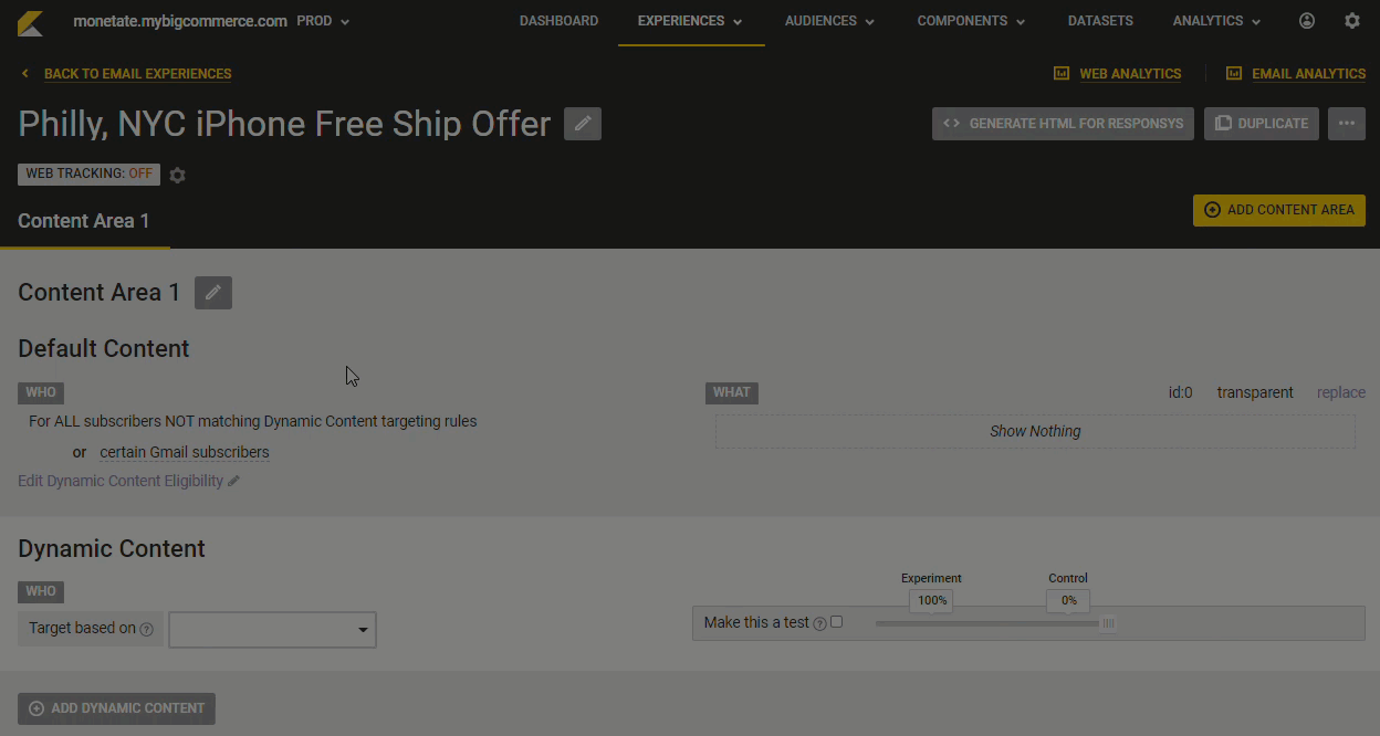 Animated demonstration of a user clicking 'Edit Dynamic Content Eligibility' and view the Edit Dynamic Targeting Eligibility modal