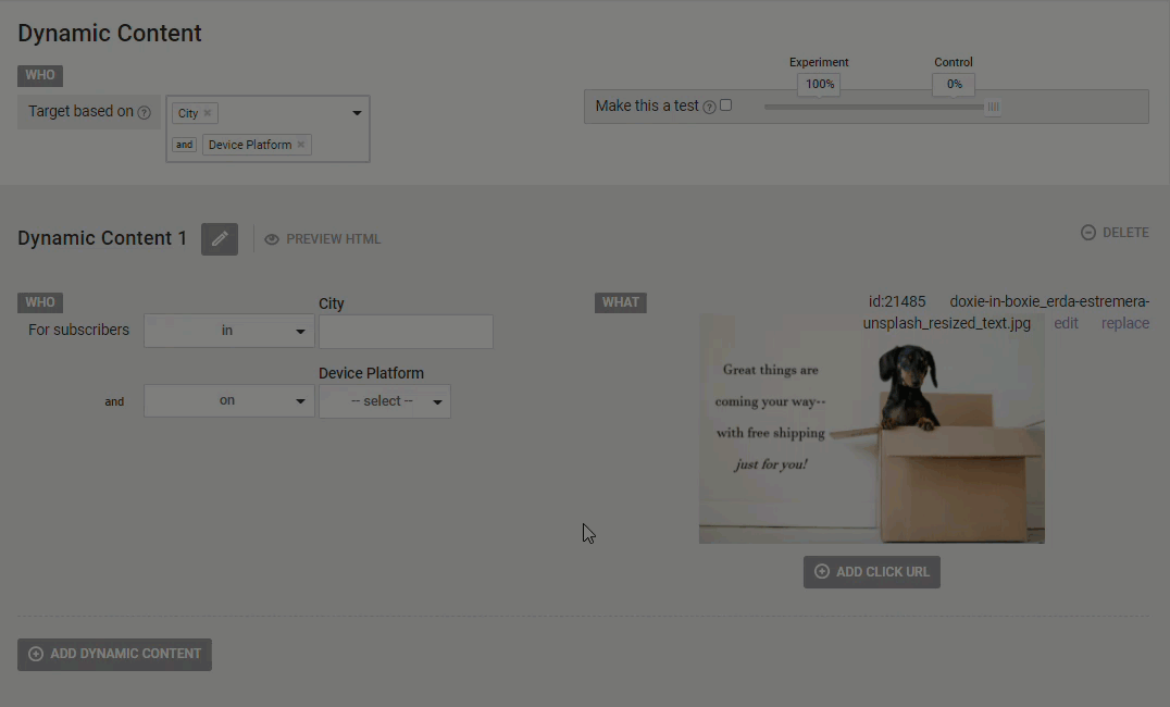 Animated demonstration of a user clicking the ADD CLICK URL button, typing a URL into the field, and then clicking the green checkmark to save the URL