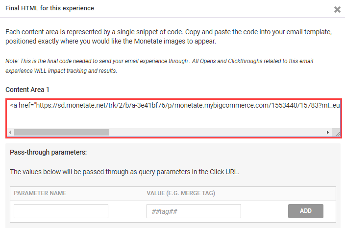 View of the 'Final HTML for this Experience' modal, with a callout of the HTML snippet