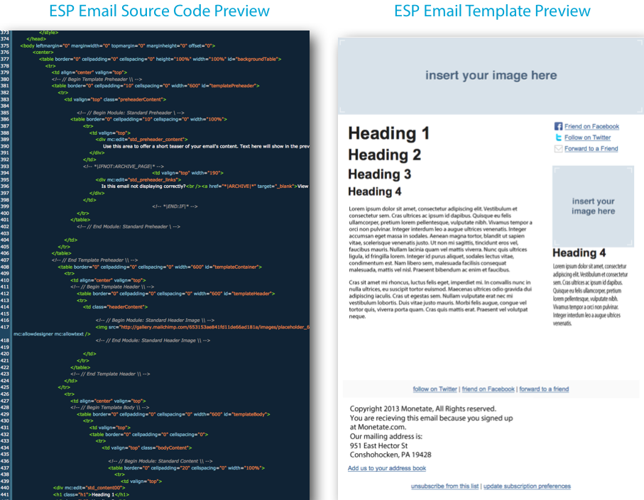 Example of the HTML source code for an email on the left and the email as it appears to a recipient on the right