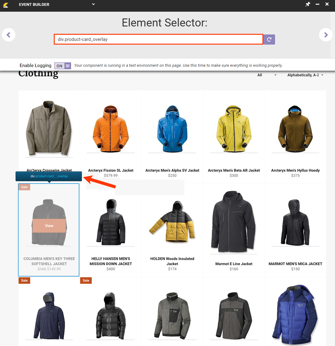 View of the Element Selector tool in Event Builder