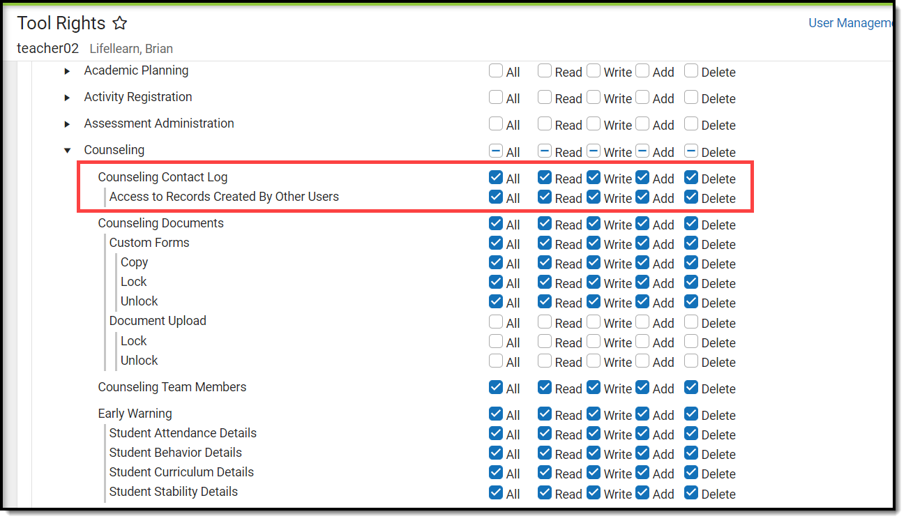 Screenshot of Counseling Contact Log Tool Rights.. 