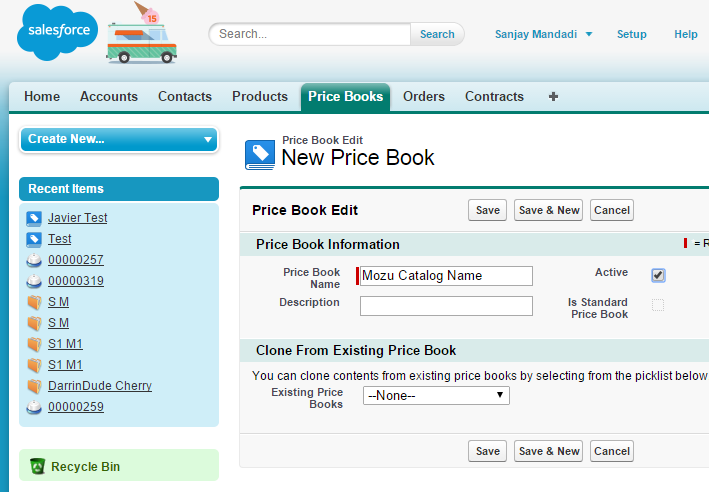 The New Price Book page in Salesforce