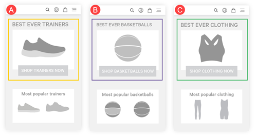 Illustration showing three variants of a retailer's homepage for a Dynamic Testing experience