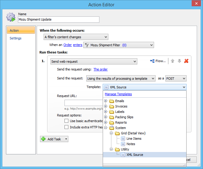 The Action Editor wizard with XML source selected