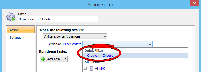 The Action Editor wizard with a callout for the Quick Filter