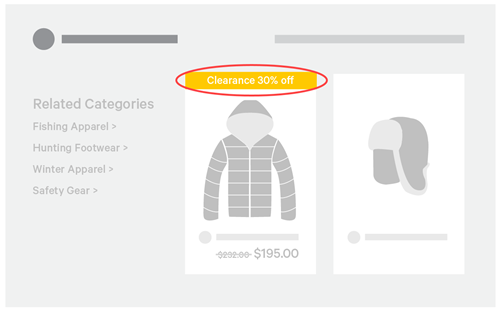 Illustration of a search results page for an online retailer. One product shown has a 'Clearance' product badge.