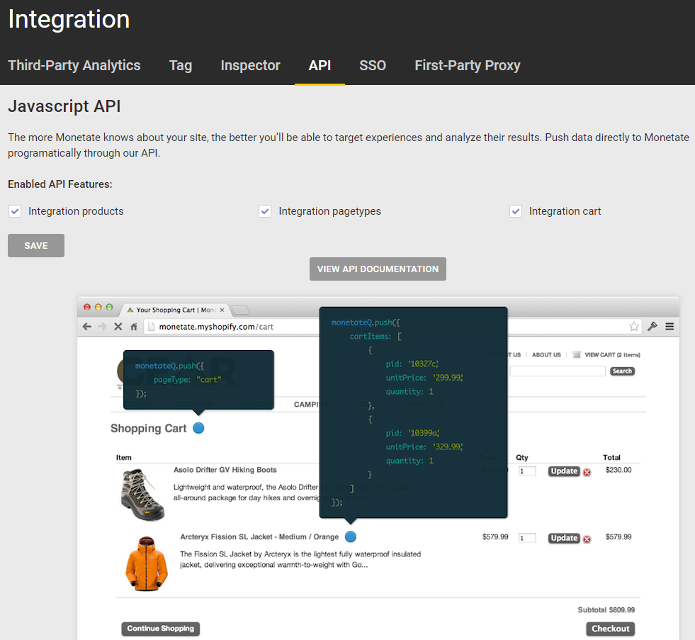 The API tab of the Integration page