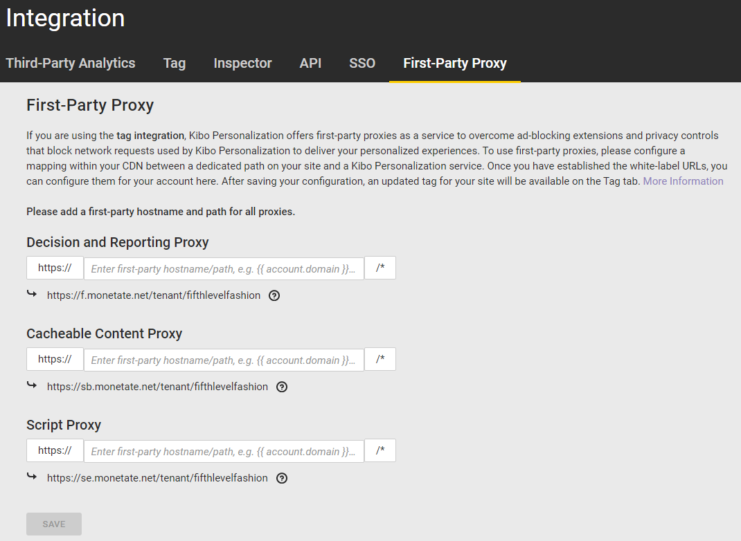 View of the 'First-Party Proxy' tab of the Integration page