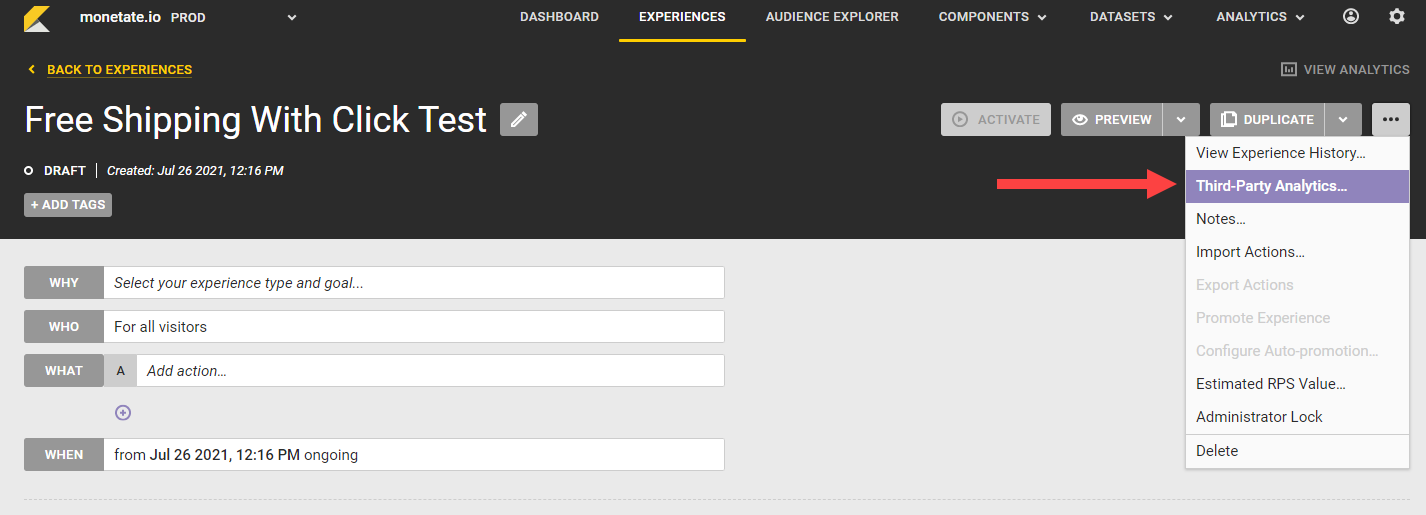 Callout of the 'Third-Party Analytics' option in the additional options menu on the Experience Editor page
