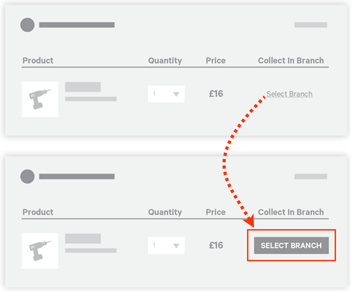 Illustration of two variations of a product details page. One has a text-only 'SELECT BRANCH' button, and the other has a more traditional rectangular 'SELECT BRANCH' button.