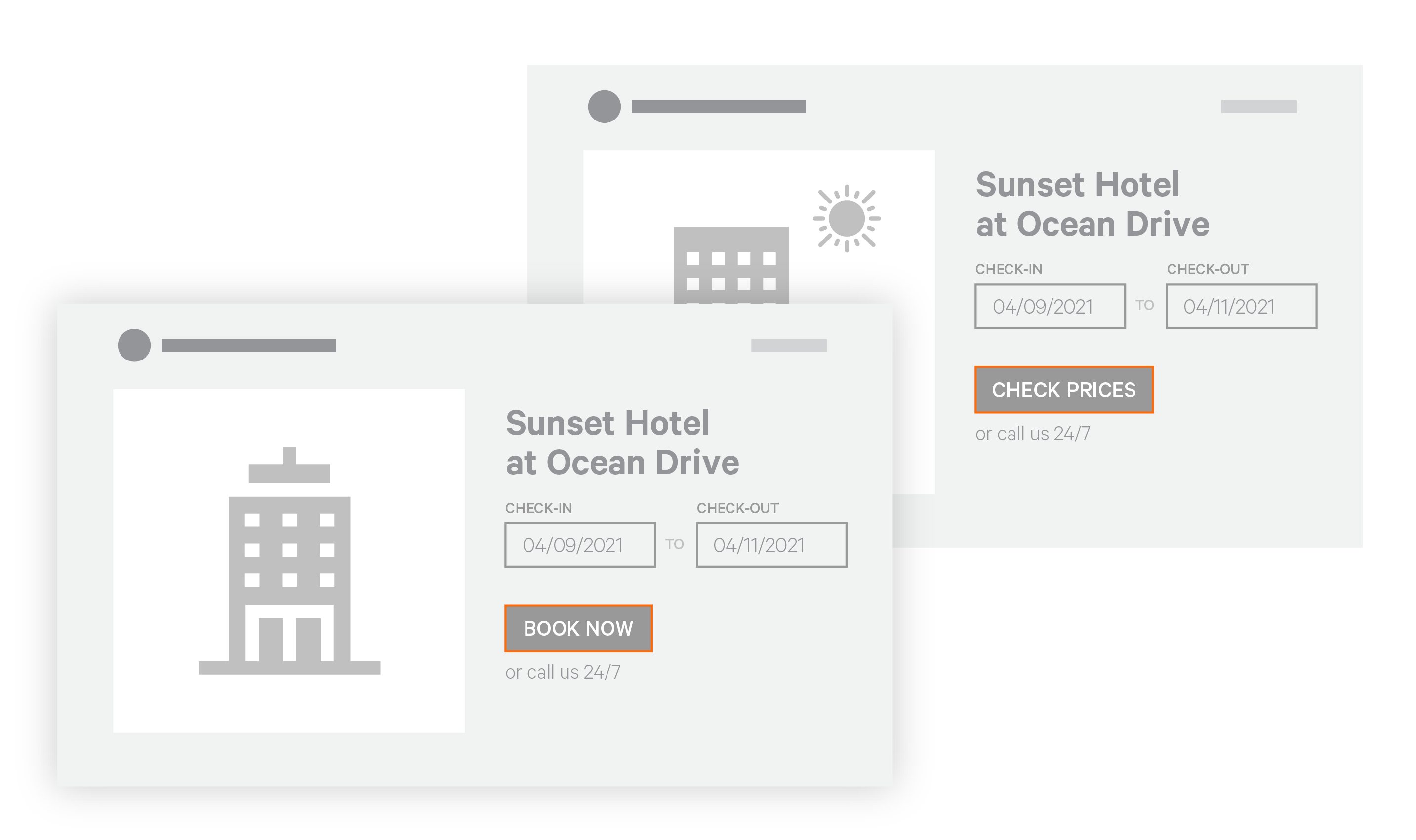 Illustration showing two versions of a hotel details page. One version has a 'CHECK PRICES' button, and the other has a 'BOOK NOW' button