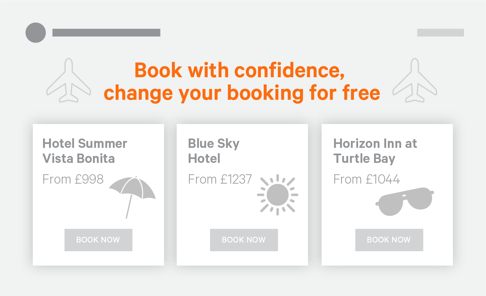 Illustration of a travel company's homepage that includes the message 'Book with confidence, change your booking for free'