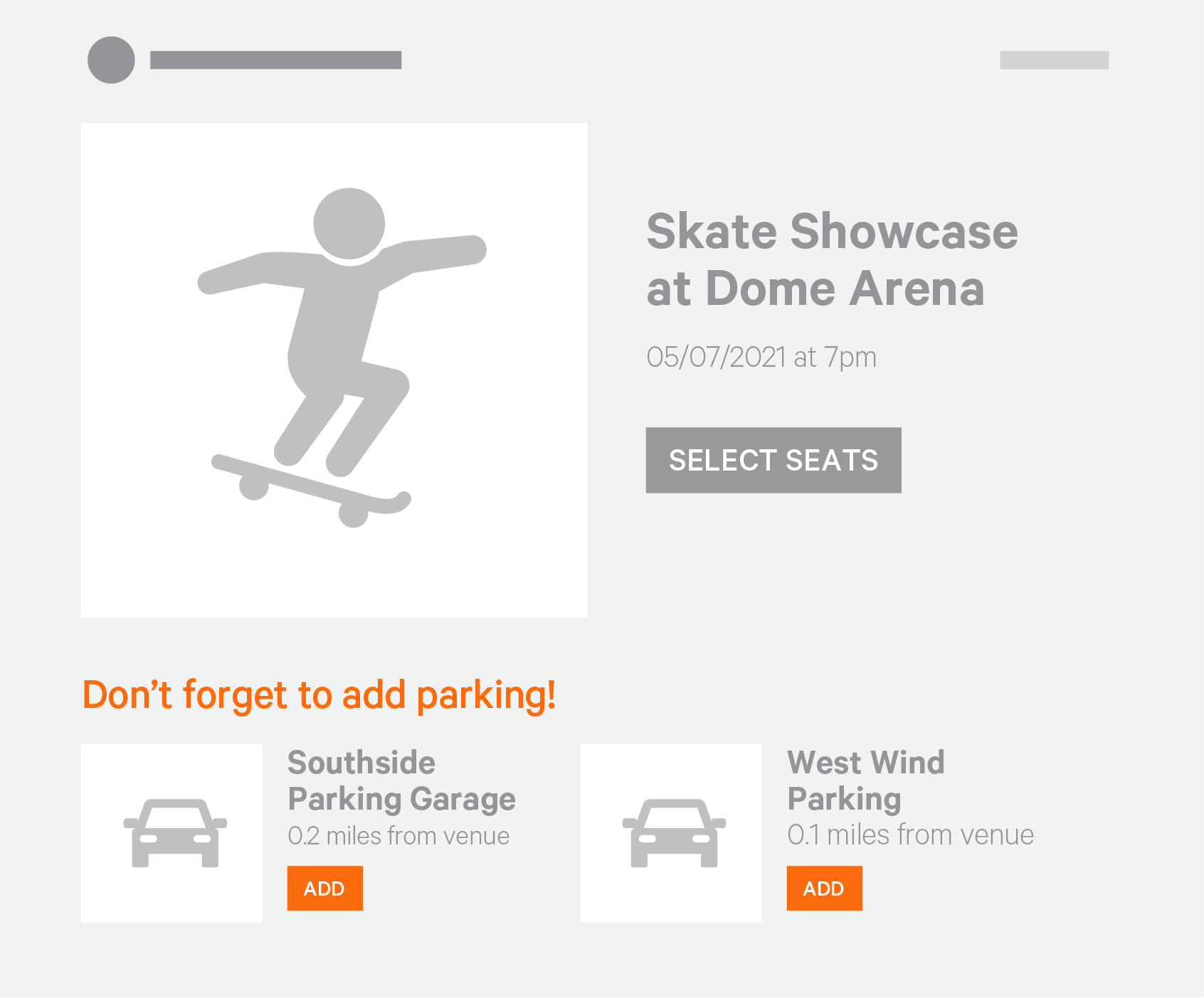 Illustration of an event details page that includes a solicitation to add parking access to the event ticket