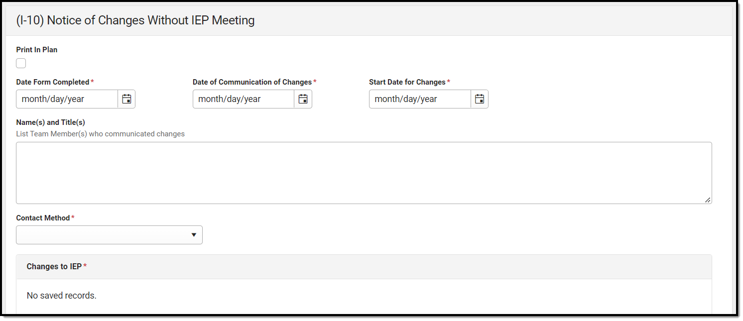Screenshot of the notice of changes without IEP meeting detail screen.