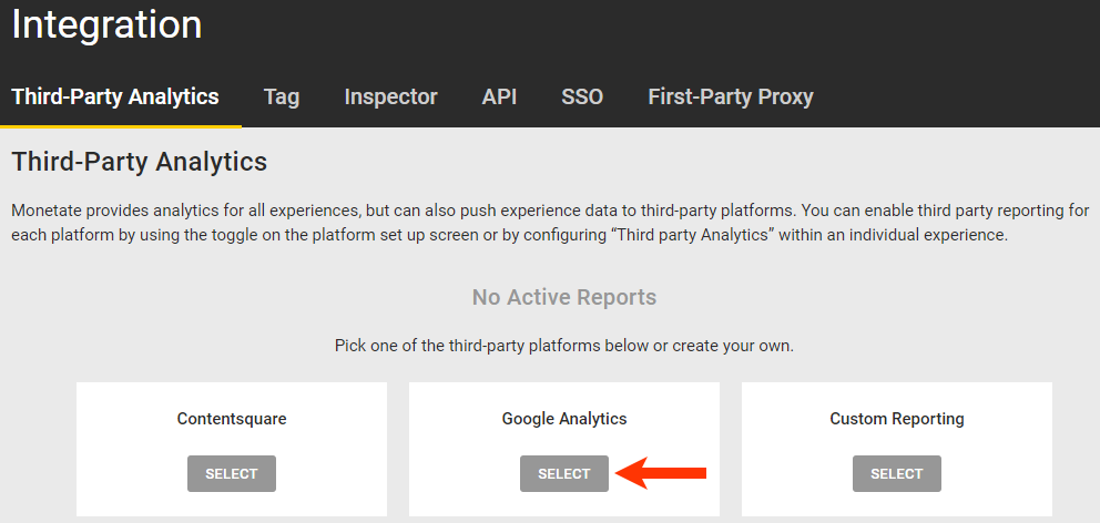 Callout of the SELECT button for the 'Google Analytics' option