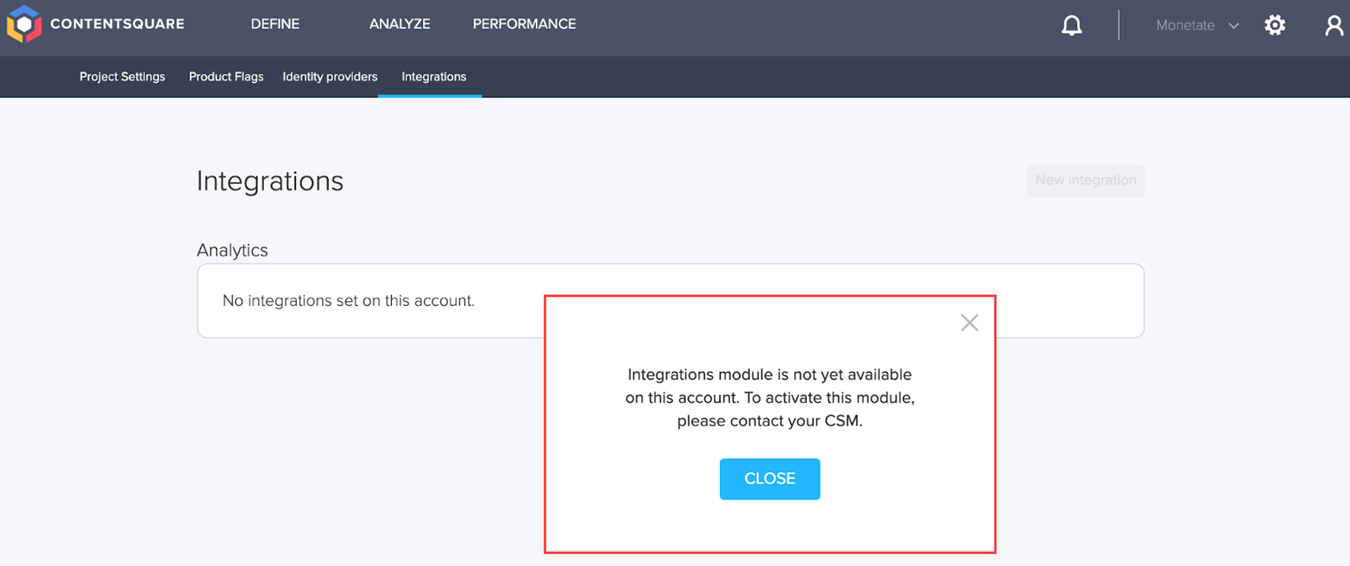 Callout of the Integration module error message in Contentsquare