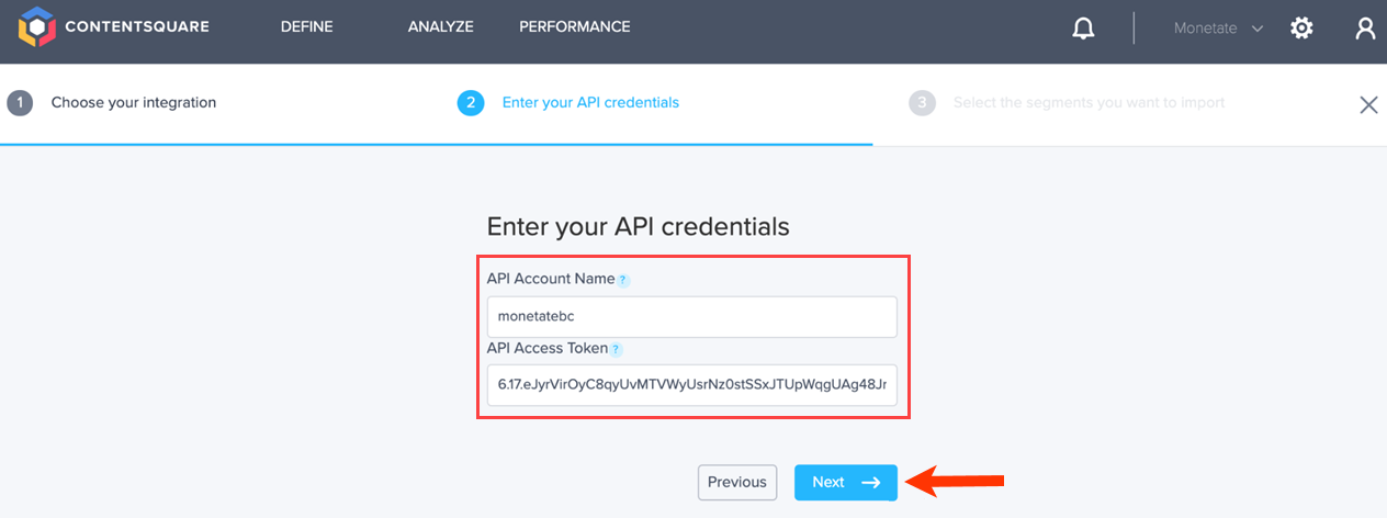 Callout of the API Account Name field, the API Access Token field, and the Next button in Contentsquare