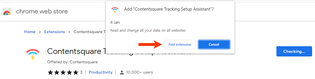 Callout of the 'Add extension' button in the 'Add Contentsquare Tracking Setup Assistant' modal